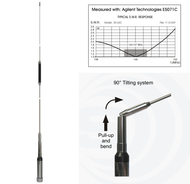 (image for) Sirio ZN-22C High Gain 2 Meter Radialess Mobile Antenna - 300Watts 6.5 Db